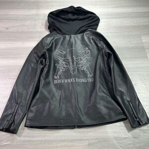 Our Universe Overwatch Reaper Jacket Mens XL Black Hooded Faux Leather Biker